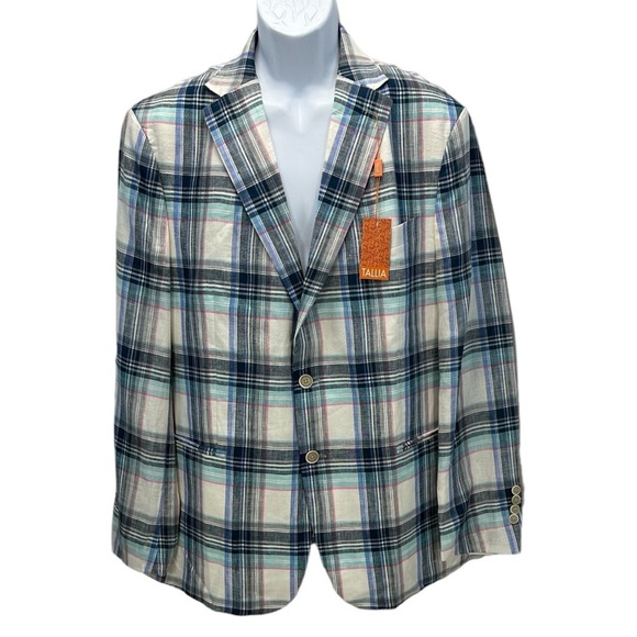 Tallia 100% Linen Plaid 2-Button Sport Coat Suit Jacket - Blue - size 46R - Picture 1 of 6